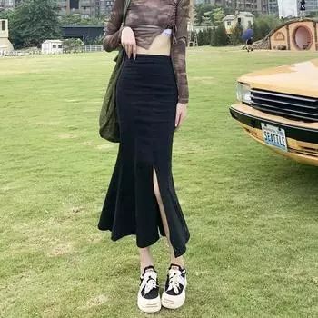 Юбка-бюстье с юбкой-рыбьим хвостом Женская весенняя юбка-бюстье Sense Открытая юбка-трапеция с оборками Джинсовая юбка средней длины Удобная модная джинсовая юбка-бюстье S синий