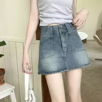 Юбка-бюстье с высокой талией и двойной пряжкой, молодежная и стройнящая, А-силуэт, женская летняя модная джинсовая короткая юбка S синий