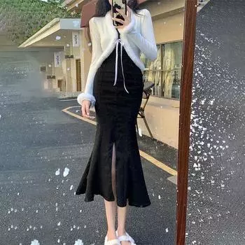 Юбка-бюстье в ковбойском стиле, юбка-бюстье с открытыми плечами, осенне-зимняя, с высокой талией, эластичная, средней длины, черная, с оборками, юбка до бедер, джинсовая юбка S синий