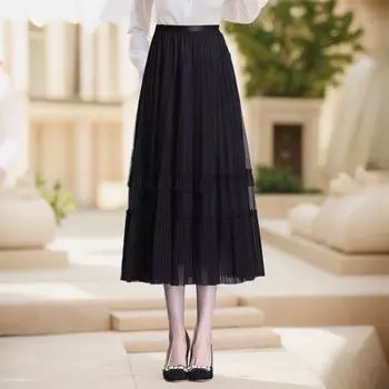 Юбка-бюст женская весна и осень высококачественная плиссированная длинная юбка Han Daxiang сетчатая юбка однотонная женская драпировка и тонкая HD One Size шоколадный