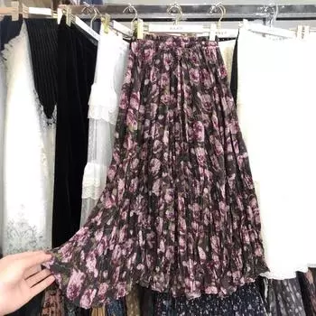 Юбка-бюст женская зимняя бархатная юбка с цветочным узором 2025 года Юбка А-образного силуэта тонкая плиссированная юбка ретро-юбка с цветочным узором One size красный