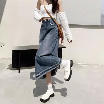 Юбка-бюстгальтер в стиле ковбой, женская, с высокой талией, летняя, трапециевидная, из мешковины, с чувством средней длины, облегающая, джинсовая юбка-бюстье, облегающая, полуоблегающая S джинсовый