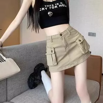 Юбка цвета хаки с завышенной талией и короткими рукавами для женщин — осенний американский стиль 2023 года M