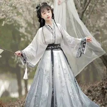 Юбка длиной до талии с вышитым крестообразным воротником в стиле китайской династии Вэй Цзинь в стиле бамбука, повседневный комплект для женщин L синий