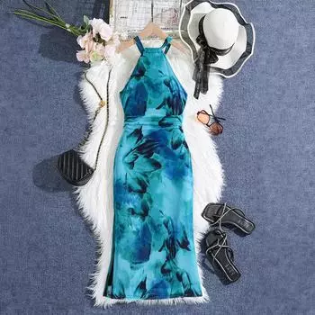 Юбка для девочек от 6 до 12 лет, летние детские платья с бретелькой на бретельках, нарядные платья, детская одежда, синие платья 130cm/8Y синий