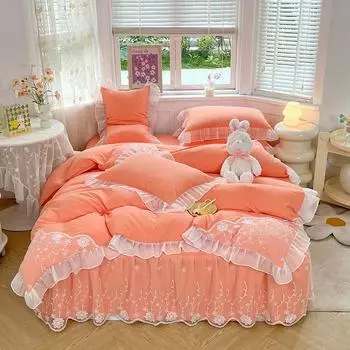 Юбка для кровати принцессы, покрывало из четырех частей из стираного хлопка для девочек, однотонное кружевное одеяло 1.5m Bed