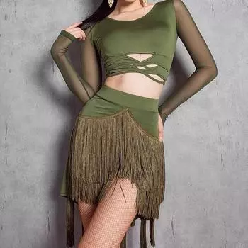 Юбка для латинских танцев, профессиональное танцевальное платье для взрослых, юбка для танго с нерегулярной бахромой S чёрный