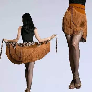 Юбка для латинских танцев с леопардовым принтом для женщин, блестящая юбка с бахромой и запахом для выступлений, бальный костюм, рейв-вечеринка чёрный