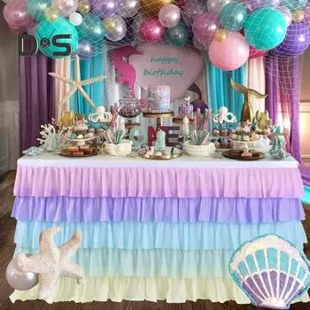 Юбка для стола прямоугольного и круглого стола, многослойная оборка, многоразовая, градиентная, радужная, для пляжных вечеринок, церемоний, дней рождения, вечеринок, украшений 6ft светло-синий
