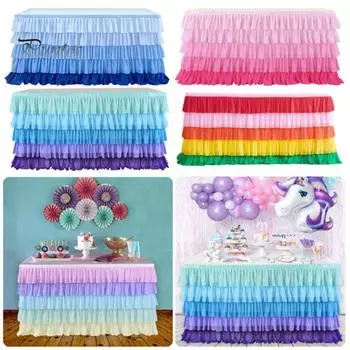 Юбка для стола прямоугольного и круглого стола, многослойная оборка, многоразовая, градиентная, радужная, для пляжных вечеринок, церемоний, дней рождения, вечеринок, украшений 6ft светло-синий