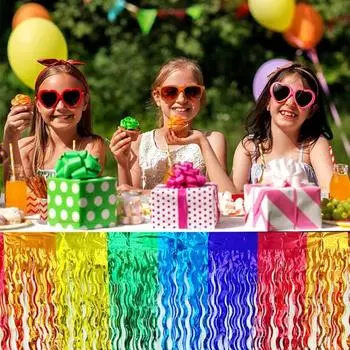 Юбка для стола Волнистая металлическая мишура с бахромой из фольги Многоразовая водонепроницаемая плотная пляжная вечеринка в джунглях Церемония украшения дня рождения Юбка для стола для разноцветный