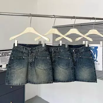Юбка для стройности и стройности, с разрезом на кармане, с высокой талией, А-силуэта, облегающая бедра, винтажная юбка, женская летняя модная джинсовая короткая юбка S синий