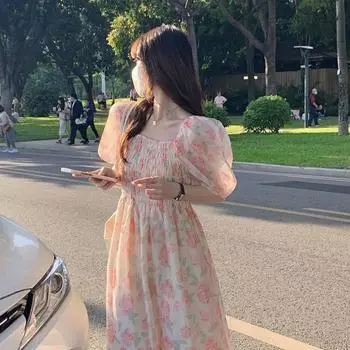 Юбка для студентов «Супер Фея», новое платье 2024 года, весенне-летнее платье с цветочным принтом и пряностями для девочек, нежное платье, длинное платье S розовый