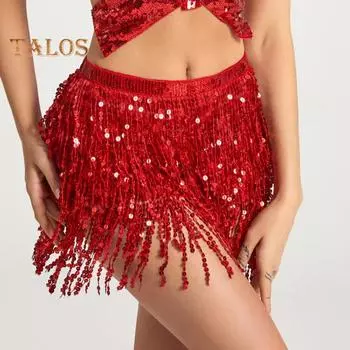 Юбка для танца живота с блестками и кисточками на талии, набедренный шарф в экзотическом стиле, регулируемая тонкая юбка с завязками, сетчатая, праздничная, сценическое представление, косплей, мини-юбка, фартук синий