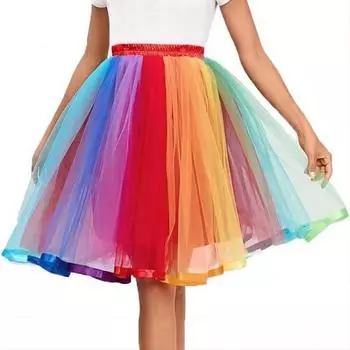 Юбка для танцев с разноцветной радугой, эластичный пояс, высокая талия, юбка-пачка миди, длина до середины икры, милый стиль