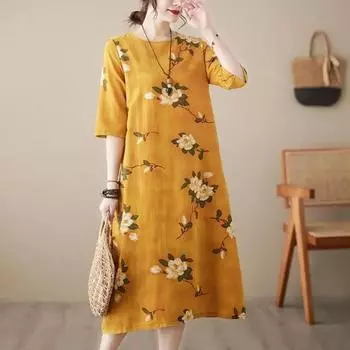 Юбка для женщин, летняя, больших размеров, свободная, цветочная, винтажная, повседневная, с принтом, мягкая, длинная, праздничные платья M оранжевый