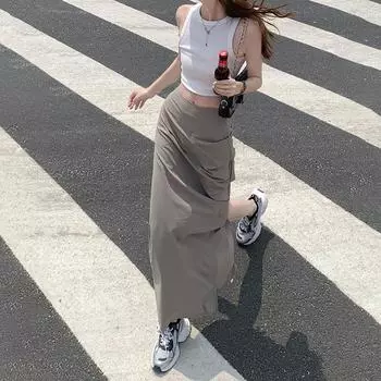 Юбка до локтя от Four Seasons для женщин, Split Bay Spicy Girl Pattaya, облегающая, со складками, облегающая бедра, рабочая юбка средней длины XS чёрный