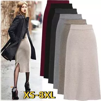 Юбка до щиколотки, женская, худая, средней длины, 8XL, большой размер, шерстяная, с разрезом на бедрах, длинная юбка с высокой талией 6XL чёрный