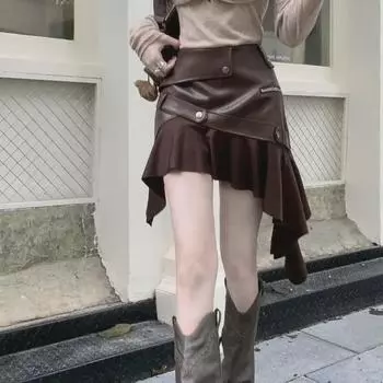 Юбка Dopamine Retro Coffee из искусственной кожи с высокой талией и нерегулярным рисунком в виде листьев лотоса XL