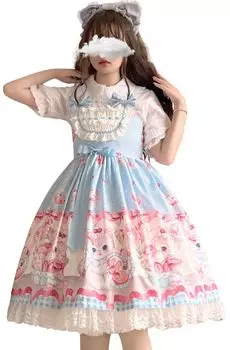 Юбка-джемпер Lolita JSK длиной до колена в стиле фартука для косплея с рисунком кошки [Lady Lazy] (Светло-синий)