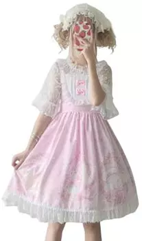 Юбка-джемпер в стиле Лолиты, цельное платье для косплея, длина до колена, узор «кошка» [Lady Lazy] (розовый)