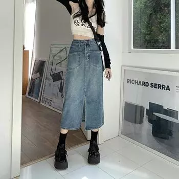 Юбка джинсовая с высокой талией и карманами, женская летняя тонкая открытая юбка-трапеция в стиле ретро, облегающая бедра, юбка-бюстье, удобная модная джинсовая юбка S джинсовый