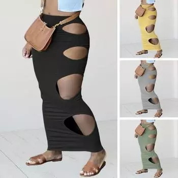 Юбка-футляр с большими отверстиями, высокая талия, однотонная, эластичная, облегающая, узкая