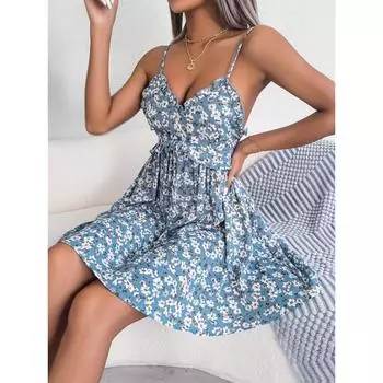 Юбка-грибок с v-образным вырезом и цветочным принтом, широкое свободное платье для отпуска, женская юбка на подтяжках S розовый