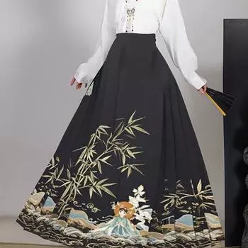 Юбка Hanfu Horse Face женская юбка длинная юбка плиссированная юбка детская черная с высокой талией взрослая юбка a word + face пальто One size (recommended weight 80-75kg)