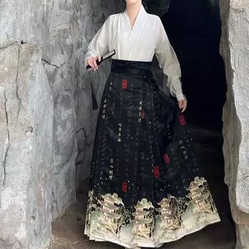 Юбка ханьфу с принтом лошадиной морды в стиле китайской династии Мин, женский повседневный костюм для поездок на работу в стиле ханьфу L белый/бежевый