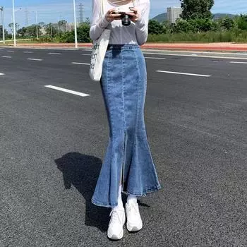 Юбка из эластичного денима, юбка-полукомбинезон, женская летняя юбка-трапеция с высокой талией, открытая юбка на бедрах, длинная юбка-рыбий хвост, женская юбка S синий
