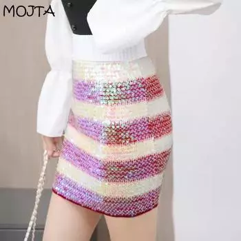 Юбка из бисера, весна и лето, новый стиль, блестящая блестящая юбка с запахом на рукавах, сексуальная одношаговая короткая юбка для женщин