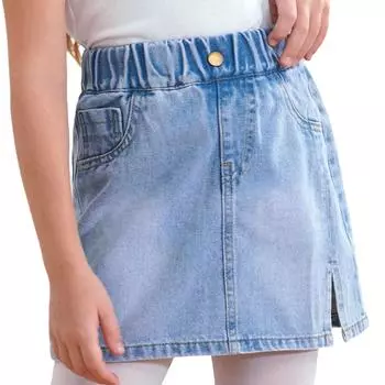 Юбка из денима для девочек с боковыми разрезами и эластичной резинкой на талии, повседневная однотонная одежда с карманами для игр, повседневный наряд 7-8 Years