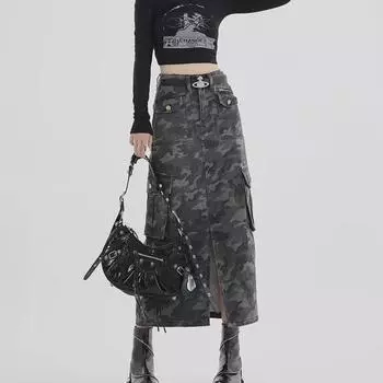 Юбка из денима с камуфляжным принтом и разрезом - юбка средней длины с карманами для женщин XS камуфляжный