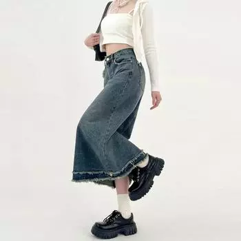 Юбка из денима с необработанным краем и высокой талией, женская летняя юбка-бюстье в стиле ретро, грушевидной формы, с разрезом на бедрах, средней длины, облегающая, полуоблегающая, модная джинсовая юбка S джинсовый