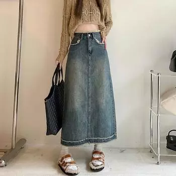 Юбка из денима с необработанным краем, юбка-полукомбинезон, женская летняя ретро-юбка с высокой талией, юбка-бюстье средней длины, А-силуэт, женская модная джинсовая юбка-бюстье S джинсовый
