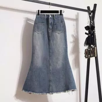 Юбка из денима с необработанным краем, женская летняя юбка А-силуэта средней длины, юбка в стиле ретро с высокой талией, юбка-бюстье из денима с завышенной талией, удобная модная юбка-бюстье из денима S джинсовый