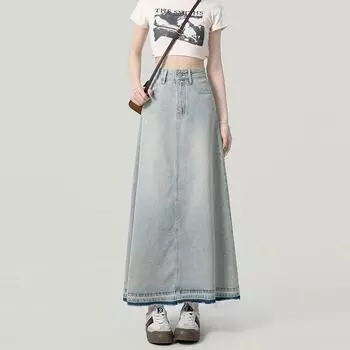 Юбка из денима с разрезом для женщин, весна-осень, узкие, с высокой талией, длинные юбки А-силуэта, повседневная одежда в винтажном стиле Y2k, большие размеры S светло-синий