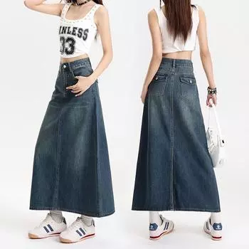 Юбка из денима с разрезом на кармане, ретро-юбка средней длины, узкая талия, демонстрирующая длинные ноги S