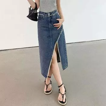 Юбка из денима с разрезом, женская юбка-бюстье с завышенной талией, асимметричная, трапециевидная, с завышенной талией, винтажная, средней длины, универсальная, удобная, модная, джинсовая юбка-бюстье S черный серый