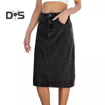 Юбка из денима с высокой талией и большим подолом, летняя юбка миди с эффектом потертости, стильный дышащий дизайн, утягивающая юбка S черный серый