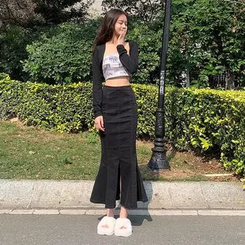 Юбка из денима с высокой талией и оборками «рыбий хвост» для женщин - Осень/Зима 2022 Small чёрный