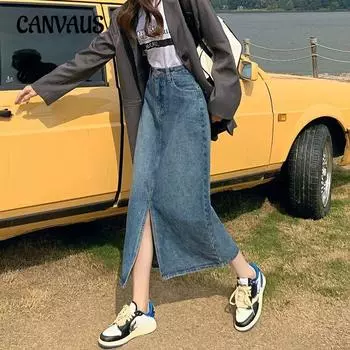 Юбка из денима с высокой талией, облегающая до талии, женская, больших размеров, летняя, средней длины, с пакетом A Word, юбка до бедер S синий