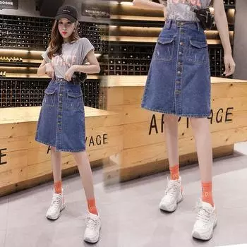 Юбка из денима с высокой талией, облегающая юбка А-силуэта, короткая юбка средней и длинной длины, женская одежда корейской версии для студенток S