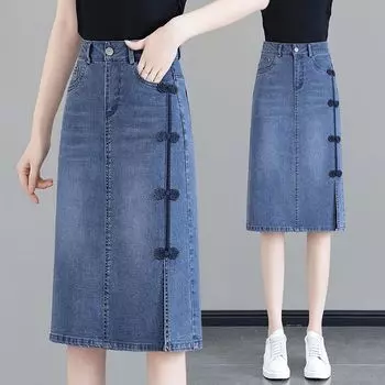 Юбка из денима в китайском стиле с разрезом на высокой талии и летней юбкой средней длины S синий