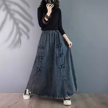 Юбка из денима в стиле ретро с высокой талией, тонкая юбка А-образного силуэта, однотонная, большого размера, тонкая юбка на пуговицах L синий