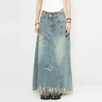 Юбка из денима в стиле ретро с необработанным краем для женщин, весна-осень, одежда Y2k, высокая талия, А-силуэт, юбка средней длины, уличная одежда, большие размеры S синий