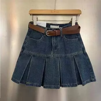 Юбка из денима в стиле ретро с высокой талией и складками для женщин большого размера - облегающий А-силуэт, летний стиль S