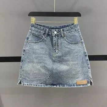 Юбка из денима в стиле ретро с высокой талией — идеально подходит для фигуры «груша», размер плюс, прикрывает бедра, модный стиль M [95-105 lbs] синий