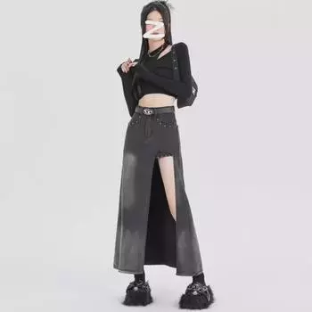 Юбка из денима в стиле ретро с высокой талией и большим разрезом — облегающая и непрозрачная для женщин Medium черный серый